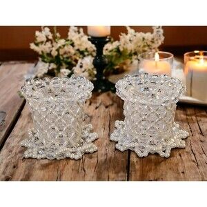 (2)Bead Sequence Candle Holders Beaded With Clear Faceted Acrylic Granny Core